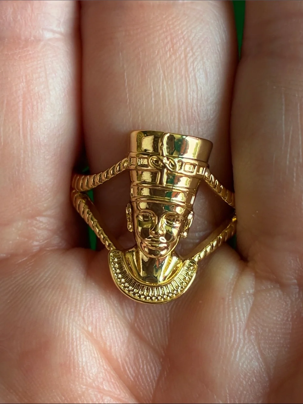 Egyptian revival style Queen Nefertiti adjustable unisex bold ring in goldtone